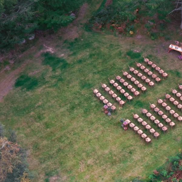 ariel view woodland wedding ceremony cardney steading